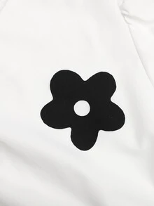 SHEIN Tween女孩花卉條紋印花拼接對比色長袖休閒洋裝，女孩休閒時尚通勤立領燈籠袖A字下擺洋裝，黑白配色適合秋季時尚穿搭，返校穿搭 - 黑與白 - 查看 5