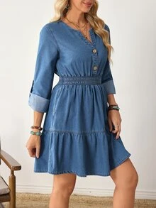EMERY ROSE Women's V-Neck Pleated Casual Everyday Summer Denim Dress - Blue - View 4