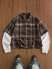 SWAVVY Camisa de hombre a cuadros con patchwork 2 en 1 - Marrón - Ver 4