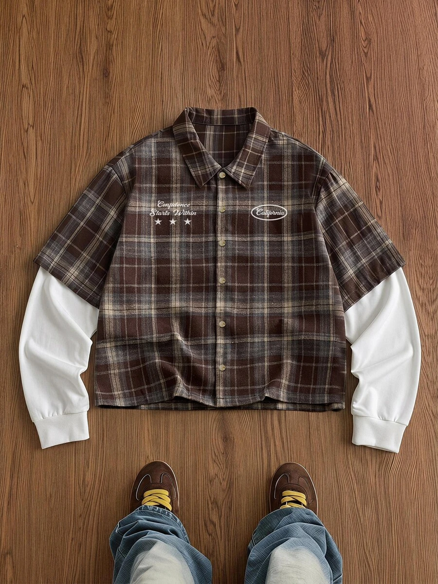 SWAVVY Men's Plaid Patchwork 2 In 1 Shirt - Brown - View 1