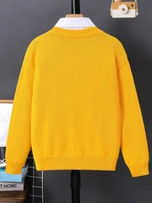 SHEIN Tween Boy Cartoon Smiling Face Pattern Crew Neck Long Sleeve Casual Sweater - Multicolor - View 4