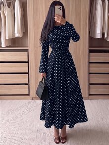 Modelyn 春秋法式通勤優雅波點收腰百褶抽繩喇叭袖長洋裝女款 - 藏蓝色 - 查看 6