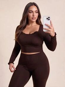 Gameset SHEIN Sport Women's Plus Size Solid Color Frill Trim Long Sleeve Casual Active Tropical Alternative Fitness Sports T-Shirt Gym Brown Autumn Fall - Coffee Brown - View 5