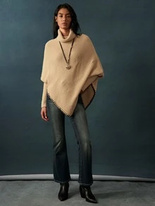 Bohemela Vintage High Neck Shawl Collar Shell Trim Knit Sweater - Apricot - View 5