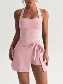 Dewbera Dewbera Spring/Summer Women's Sports Dress, Colorblock Halter Neck, Back Cutout, Front Tie, Built-In Shorts, Pockets, Dusty Pink, Athletic, Tennis - Pink - View 5