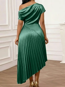SHEIN Lady Plus Size Elegant One Shoulder Pleated Elegant Dress - Green - View 2
