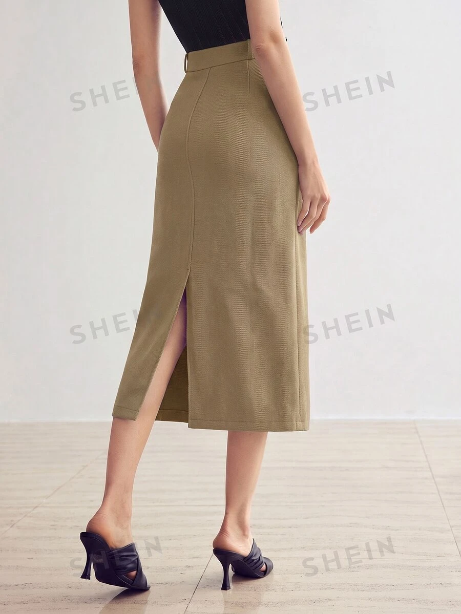 MOTF PREMIUM WOMEN'S SOLID COLOR STRAIGHT SKIRT WITH SLIT HEM, NO BELT - Camel - View 2