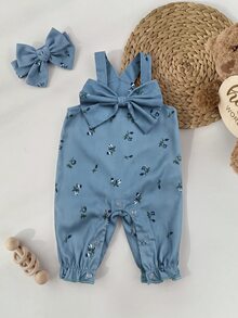 SHEIN 新生女嬰可愛百搭藍色花朵蝴蝶結連身衣 - 藍色 - 查看 9