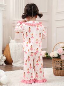 SHEIN 女嬰卡通印花荷葉袖上衣與長褲家居服套裝 - 米色 - 查看 8