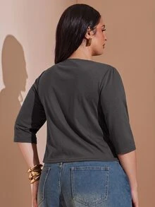 SHEIN BAE CURVE 大尺碼女款純色深V領修身T恤 - 深灰色 - 查看 5