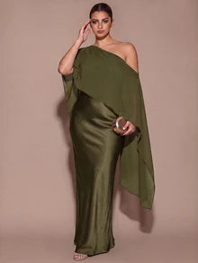 SHEIN BAE CURVE 大尺碼女款優雅長版不對稱單肩洋裝 - 軍綠色 - 查看 7