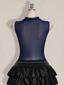 SHEIN ICON 大尺碼 Y2K 夏季黑色性感透視網紗水鑽亮片露背修身背心（附水鑽字母裝飾） - 藏蓝色 - 查看 2