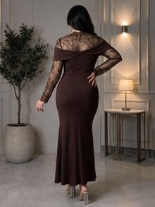 Feyla Plus Size Elegant Elegant Lace Patchwork Mermaid Dress - Coffee Brown - View 2