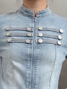 Muchica Women's Fashion Versatile Button & Zipper Long Sleeve Denim Jacket - Medium Wash - View 7