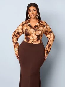 SOLERSUN Plus Size Elegant Party Tie-Dye Print Patchwork Mermaid Dress - Coffee Brown - View 4