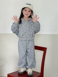 Dazy Kids Young Girls' Loose Hooded Floral Bow Decor + Long Pants Casual Cute 2 Pieces Sweatshirt Set Fall Hoodies - Light Grey - View 8