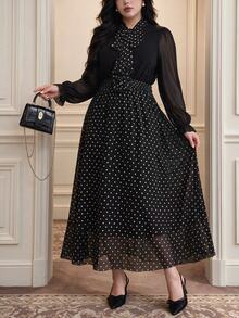 Vibekara Plus Size Elegant Sophisticated Fitted Patchwork Waist-Cinched Dress Fall - Pink - View 8