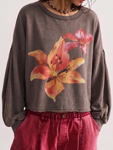 Bohemela 女款街頭風花卉印花時尚長袖運動衫 - 棕色 - 查看 5