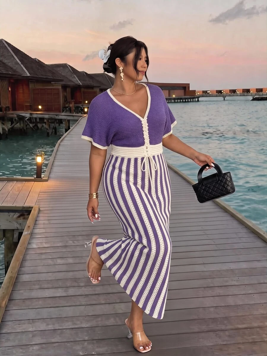 Firerie Plus Size Vintage Vacation Drawstring Tie Contrast Color Knit Dress - Purple - View 1