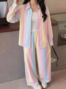 SHEIN Tween女孩彩色條紋Logo印花學院風寬鬆長袖上衣與寬腿褲2件套返校休閒套裝 - 粉色 - 查看 14