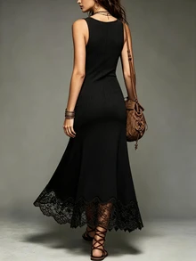 SHEIN Women's Summer Lace Patchwork Casual Daily Outing Dress - Black - View 2