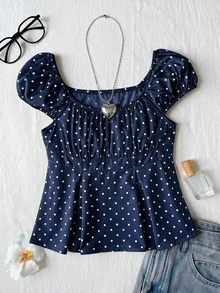 SHEIN Tween Girl White With Black Polka Dot Ruffle Short Sleeve Square Neck Floral Top Suitable For Vacation, Outing, Travel, School And Other Occasions Random 3 Items Send 1 Item - Navy Blue - View 1