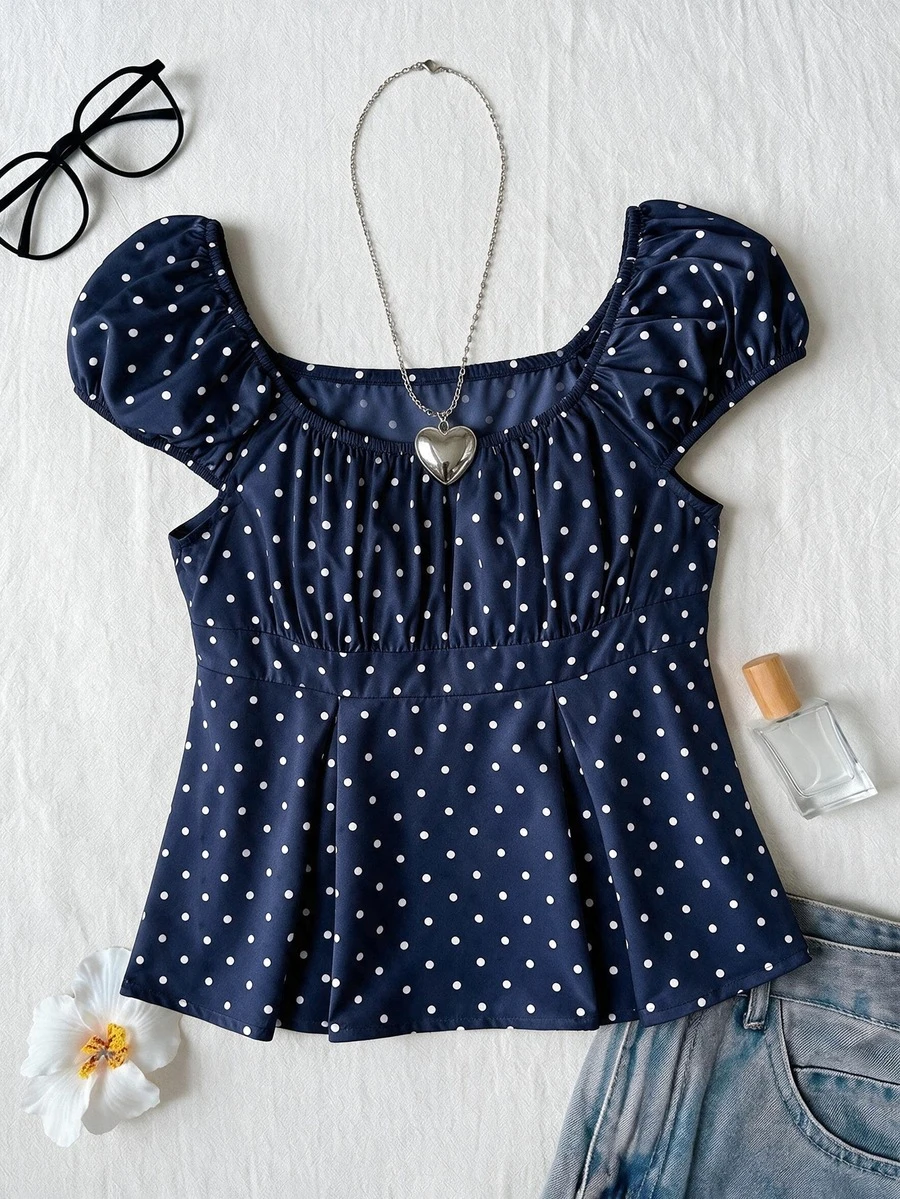 SHEIN Tween Girl White With Black Polka Dot Ruffle Short Sleeve Square Neck Floral Top Suitable For Vacation, Outing, Travel, School And Other Occasions Random 3 Items Send 1 Item - Navy Blue - View 1