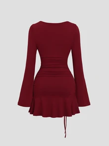 Sweetra Women's Deep Red Flared Long Sleeve Lace Trim Patchwork Fitted Mini Dress, Suitable For Commute, Party And Holiday - Burgundy - View 2