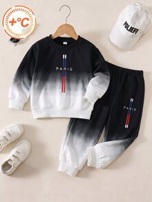 2pcs Boys Fall Style Black White Color Block Gradient PARIS Letter Print Long Sleeve Sweatshirt & Pants Set Casual Fashion Autumn Winter - Blue - View 7