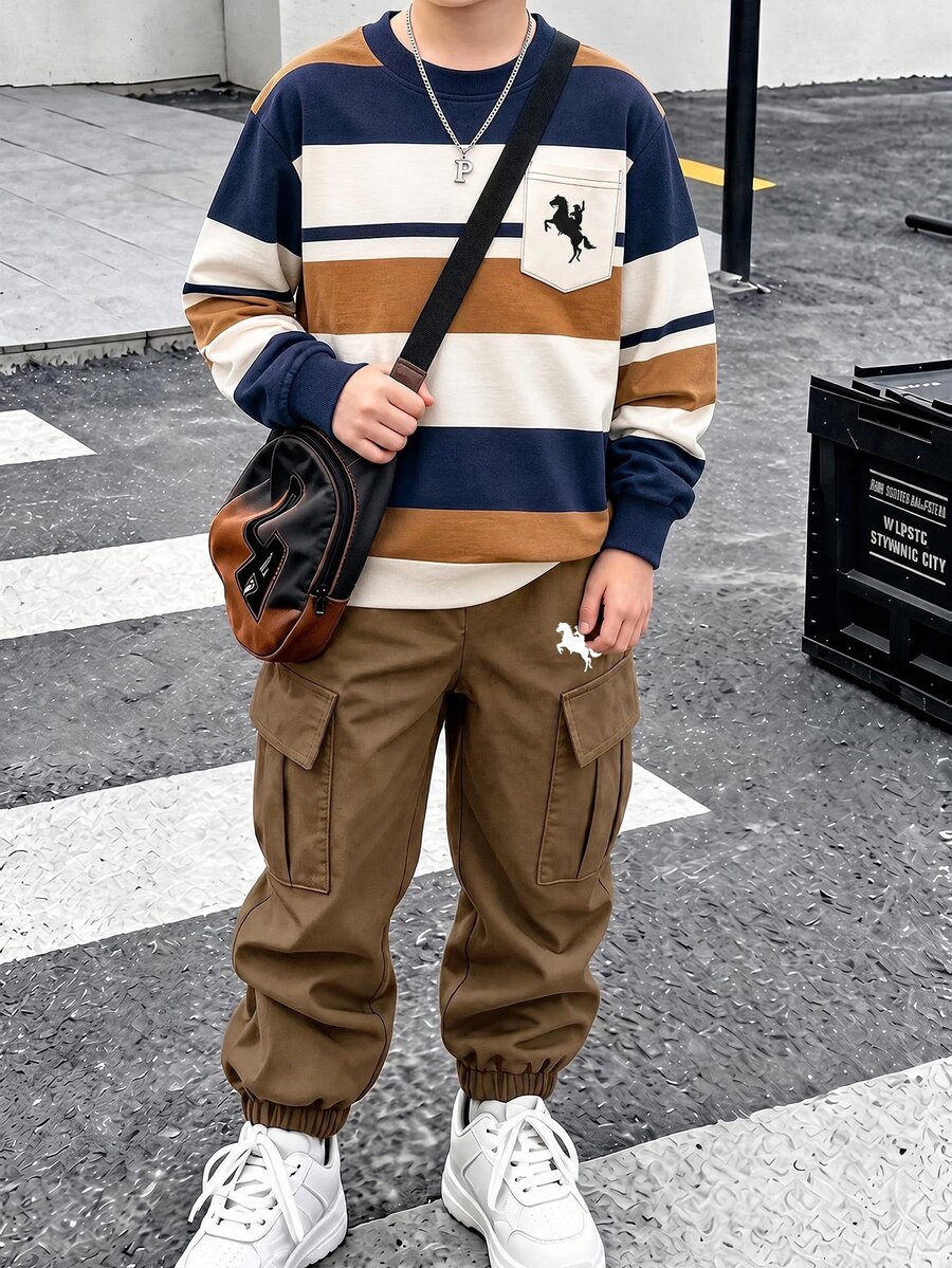 1套男孩大童數位印花條紋多色上衣與棕色長袖運動衫及慢跑束口工裝褲套裝，休閒酷感 - 彩色 - 查看 1