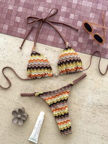 Swim Mod Women's 2026 Spring/Summer New Textured Fabric Small Sun Metal Decor V-Neck Backless Triangle Wrap Rope Studded Bikini Swimsuit 2 Pieces Set - Khaki - View 3