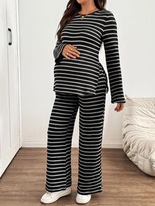 SHEIN Maternity Striped Side Slit Top And Pants 2 Pieces Set - Black - View 5