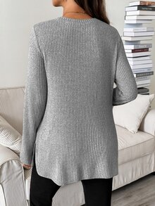 SHEIN 孕婦純色圓領長袖羅紋休閒哺乳T恤 秋季 - 淺灰色 - 查看 5