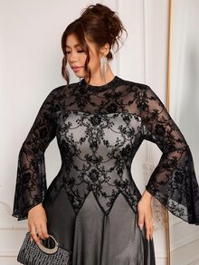 Modelyn Elegant Flocked Mesh Print Patchwork Solid Color Mock Neck Long Sleeve Cinched Waist A-Line Regular Fit Plus Size Dress For Spring And Autumn - Black - View 6