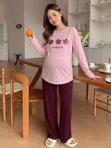 Dazy Maternity Star & Letter Print Loose Long Sleeve T-Shirt & Straight Leg Pants Casual Daily Home Wear Spring/Autumn Maternity 2 Pieces Set - Purple - View 5