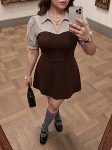 SHEIN MOD 大尺碼藍白條紋拼接黑色優雅通勤 2合1西裝洋裝 - 鏽棕色 - 查看 5