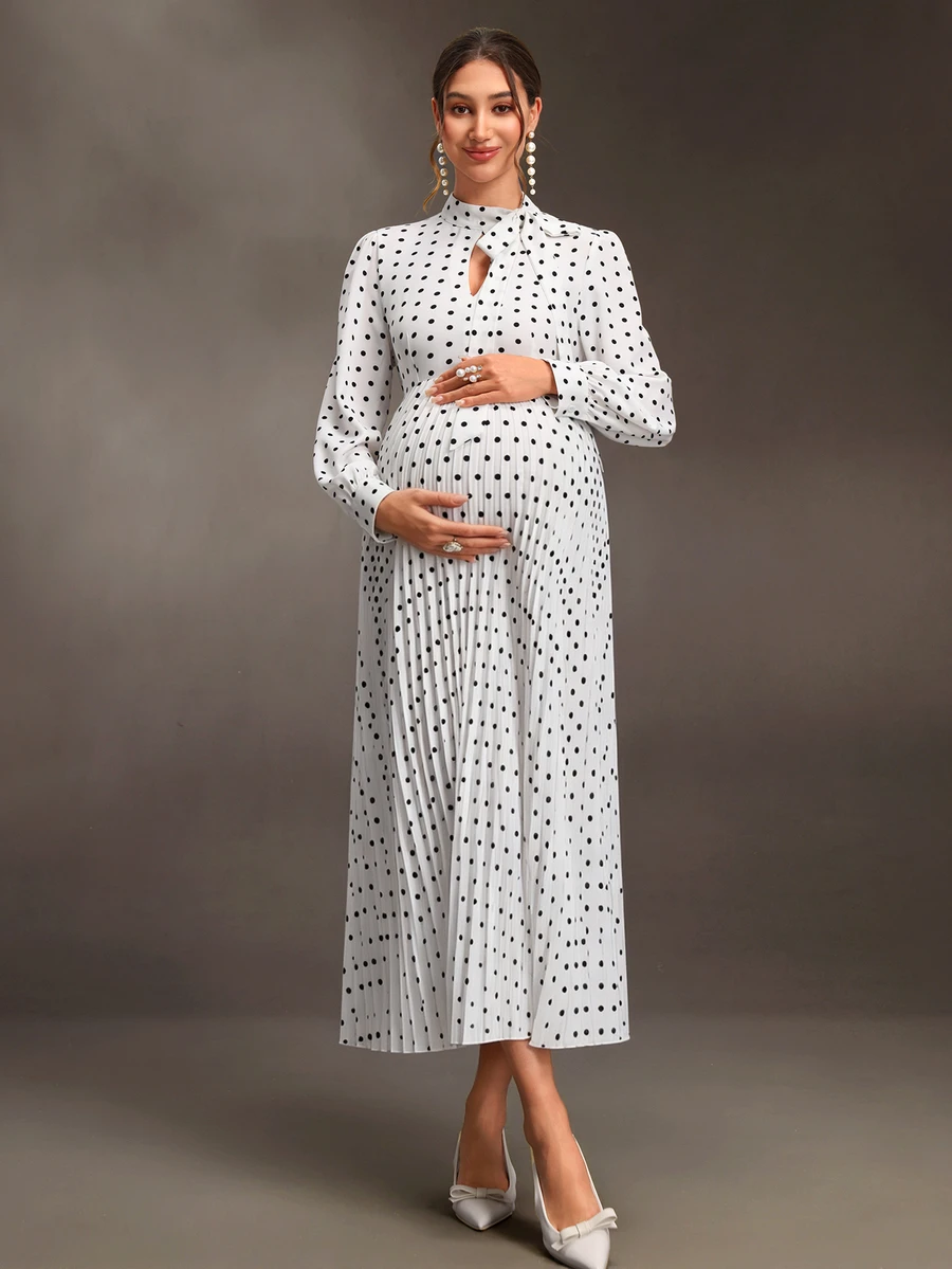 Momance Maternity Polka Dot Print Elegant Pleated Dress - White - View 1