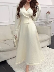 Heiryn Autumn Winter Casual Loungewear Deep V Neck Cross Wrap Front Three Buttons High Waist Flared Hem Lon - Apricot - View 5