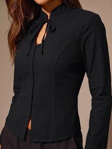 Athîral Ladies' Casual New Chinese Oriental Elements Solid Color Stand Up Collar Long Sleeved Fitted Top With Tie Front Keyhole, Suitable For Autumn Street - Black - View 6