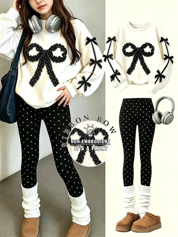 Tween Girls 2 Pcs Bow Print Long Sleeve Sweatshirt & Polka Dot Leggings Fall Outfits Sweet Ballet Style Casual Set - Multicolor - View 2