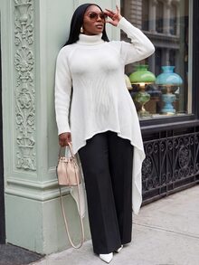 Slaydiva Plus Size Women's Knit Tunic, Turtleneck Hollow Asymmetric Hem Long Knit Layering Top Winter - Apricot - View 10
