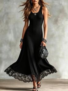 SHEIN Women's Summer Lace Patchwork Casual Daily Outing Dress - Black - View 4