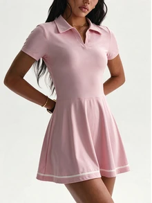 CourtClass Women's Casual Striped Colorblock Short Sleeve Dress, Shorts Sports Set - Pink - View 5