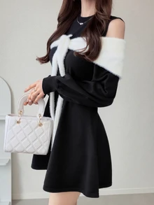 FRIFUL Gaun Rajut Elegan Lengan Panjang Model Colorblock untuk Wanita, Cocok untuk Musim Gugur. - Hitam - View 5