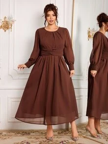 Modelyn Women's Elegant Gentle Style Round Neck High Waist Cross Knot Cinched Waist Draped Flowy Soft Plus Size Dress - Coffee Brown - View 3