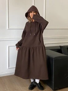DAZY Dark Brown Hooded Drawstring Long Sleeve Patchwork Loose Fit Casual Mid-Length Dress, Versatile For Autumn/Winter - Brown - View 7