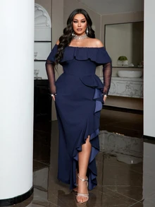 NU&NOW Robe Grande Taille avec Volants et Fente Volants Automne - Bleu marine - Voir 5