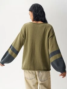 Bohemela Women's Casual Colorblock Patchwork Star Pattern Sweater, Autumn/Winter - Green - View 7
