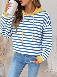 SHEIN LUNE Casual Minimalist Vintage Elegant Commuter Versatile Warm Yellow And Blue Striped Print Pattern, Beach Outfit, Vacation Outfit, Women's Summer Outfit, Round Neck Long Sleeve Loose Fit Women's Sweatshirt - Multicolor - View 5