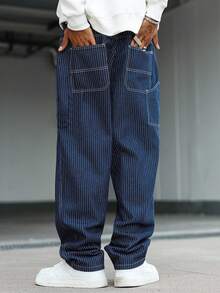 Manfinity Homme Quần jeans ống rộng sọc xanh size lớn phong cách streetwear casual cho nam - Rửa tối - Xem 8